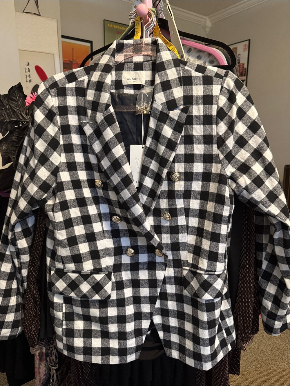 Andree Black & White Checked Double-Breasted Blazer NWT